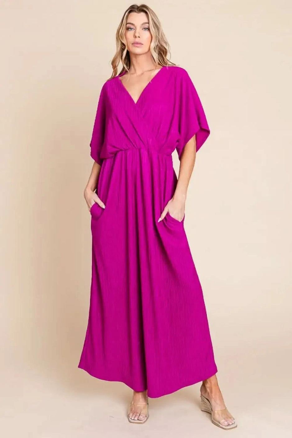 BOMBOM Surplice Maxi Dress with Pockets - SwagglyLife Home & Fashion
